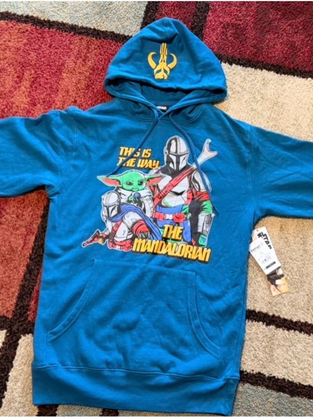 The Mandalorian Men’s Blue Pullover Hoodie with Grogu Graphic
